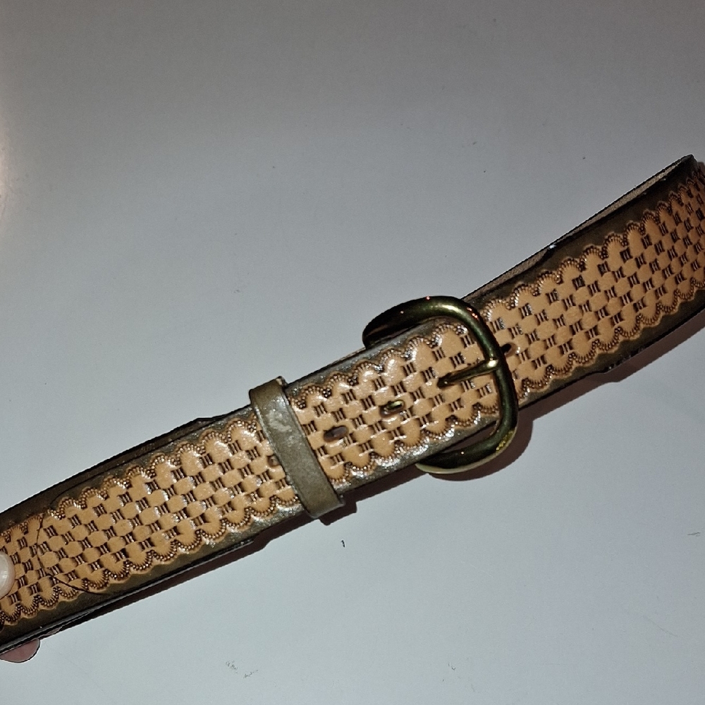 Tan Woven Belt with Gold Buckle Justin Leather 34 Top Grain Like New